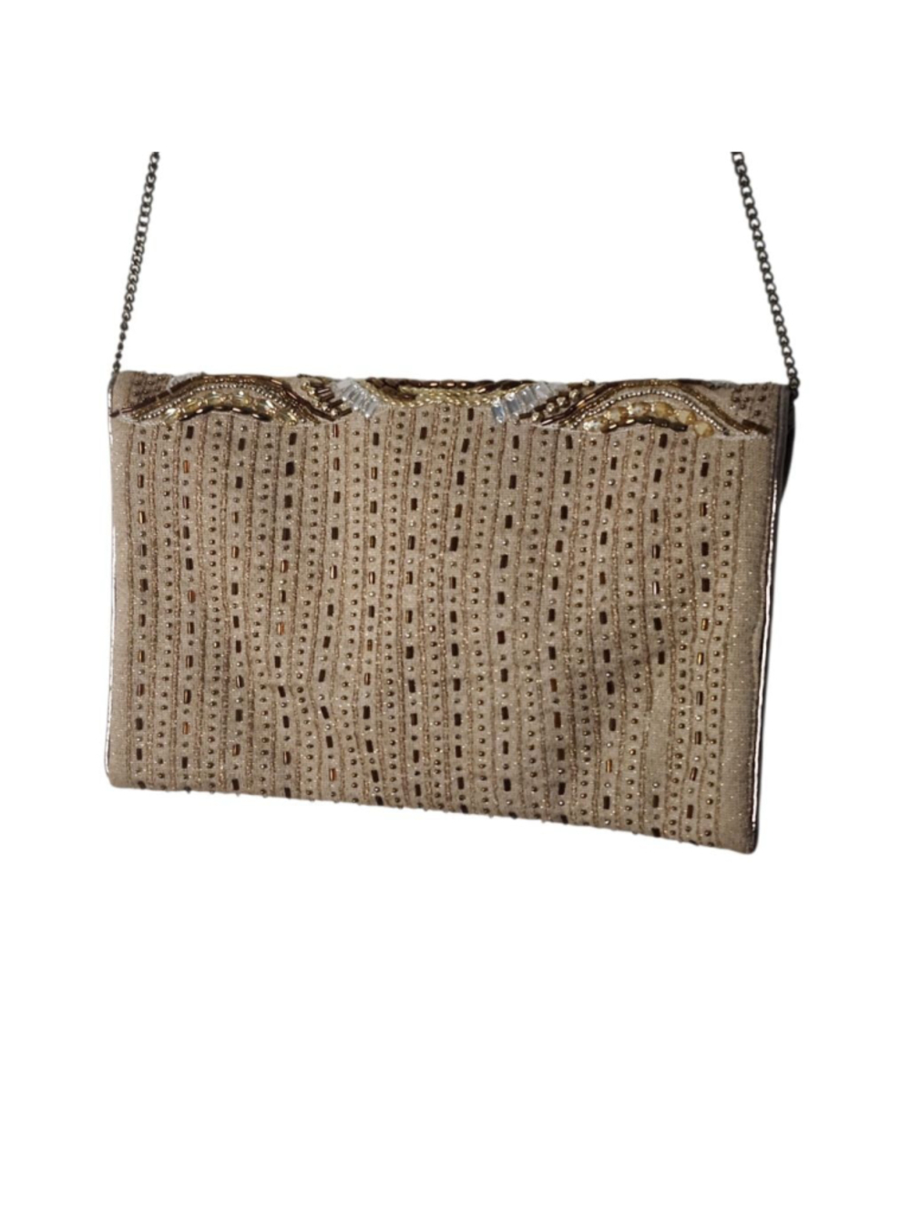 Beautiful Formal Beige Gold Beaded Clutch Bag - Picture 2 of 2